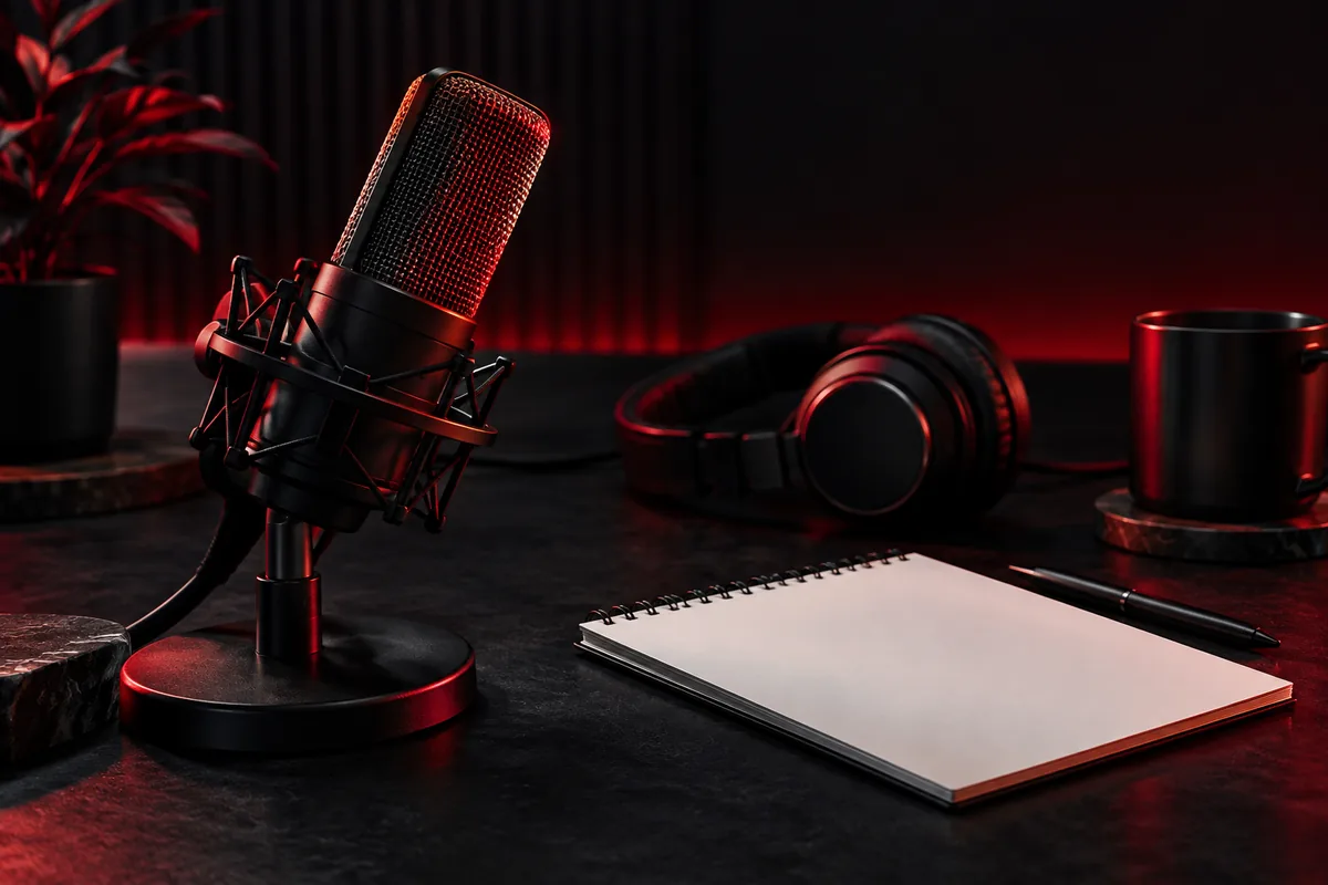 A microphone and blank note paper arranged in a studio