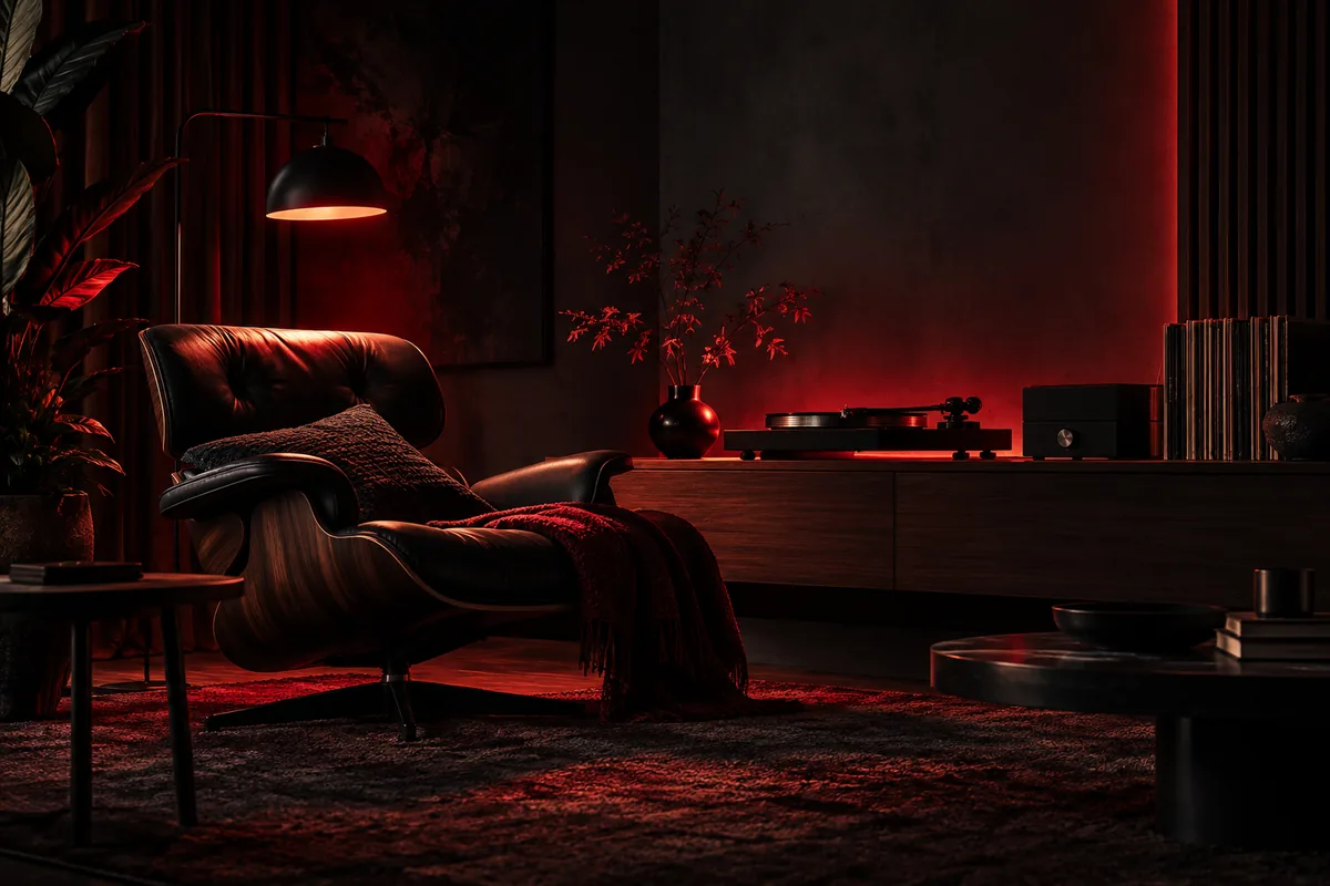 A quiet listening corner with warm and red light