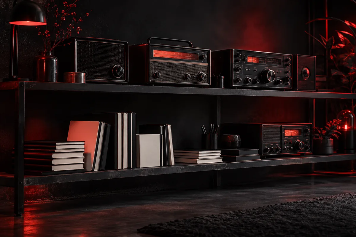 An original shelf of radios and blank notebooks